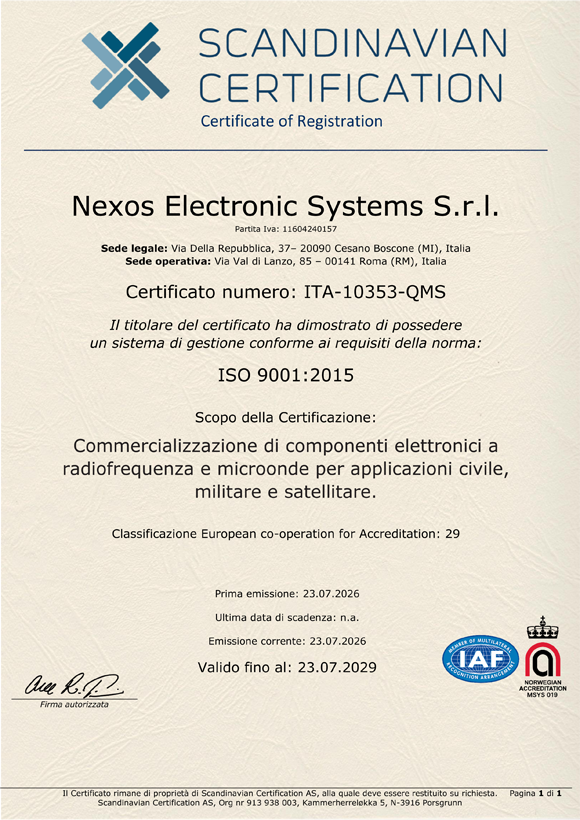 Certificato ITA-10353-QMS Nexos Electronic Systems s